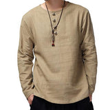 Men Spring Casual Solid Color Long Sleeve O Neck Buttons Cotton Loose Pullover Shirt