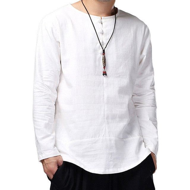 Men Spring Casual Solid Color Long Sleeve O Neck Buttons Cotton Loose Pullover Shirt