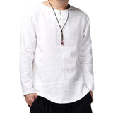 Men Spring Casual Solid Color Long Sleeve O Neck Buttons Cotton Loose Pullover Shirt
