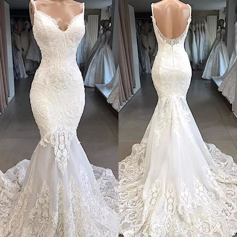 Spaghetti Strap Mermaid Dress Appliques Lace V-Neckline Wedding Dresses With Sweep Train Bridal Gown Formal robes de mariée