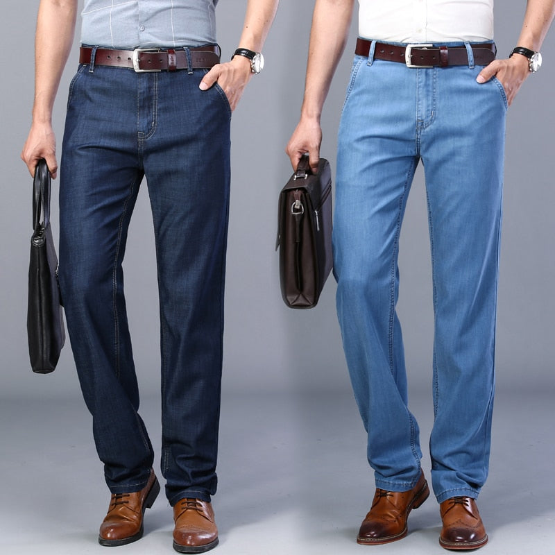 Gbolsos2021  Summer New Men's Thin Tencel Jeans Business Casual Elastic Comfort Straight Denim Pants Male High Quality Brand Trousers