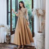 Women's long formal prom evening dress Plus size O neck half sleeve sequined satin wedding party dress gold cocktail dress