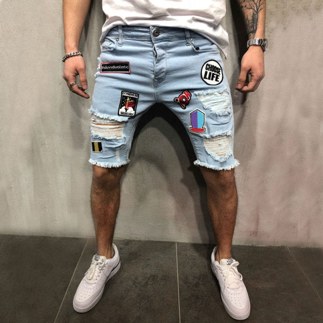 Summer New Men's Stretch Short Jeans Fashion Casual Slim Fit High Quality Elastic Badge Broken Hole Denim Shorts Male