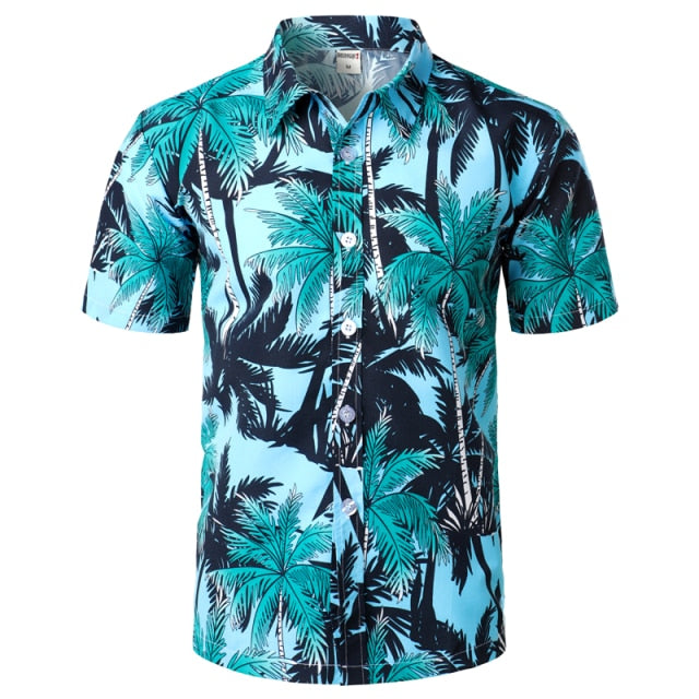 Men's Holiday Casual Short Sleeve Aloha Hawaiian Shirt Short Sleeve Palm Tree Printed Tropical Aloha Blue Shirts Camisa Hawaiana