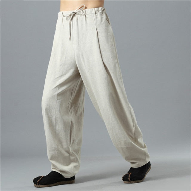 Summer Men Cotton Linen Wide Leg Pants Chinese Style Male High Street Casual Long Trousers Sweatpants Plus Size M-5XL 6XL