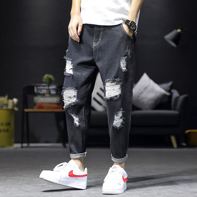 GbolsosMen's Hole Jeans Spring and Autumn 2021 New Loose  Large Size Ankle-Length Pants All-match Casual Pants Hip Hop Jeans