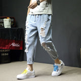 GbolsosMen's Hole Jeans Spring and Autumn 2021 New Loose  Large Size Ankle-Length Pants All-match Casual Pants Hip Hop Jeans