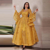 Sevintage Ankle Length Dubai Arabic Evening Dresses Flare Long Sleeve Organza Formal Dress Lace Appliques Sequined Prom Gowns