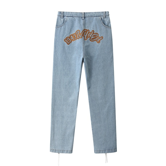 Harajuku Ankle Lace Up Letter Embroidery Jeans Men's Washed Retro Straight Baggy Oversize Denim Trousers Hip Hop Casual Pants