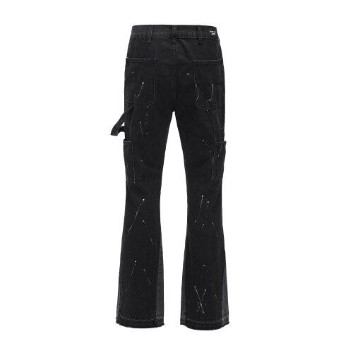 Urban Streetwear Flare Pants Black Wide Leg Jeans Hip Hop Splashed Ink Trousers Men Patchwork Slim Fit Denim Pants for Men