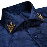 Fashion Royal Blue Paisley Men Shirts Business Casual Long Sleeve Slim Fit Dress Shirt Soft Comfort Men 100% Silk Shirt DiBanGu