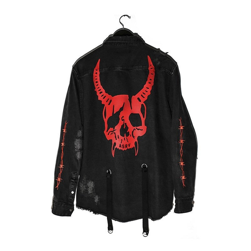Hip Hop Denim Jacket Men Gothic Skull Cobra Printed Embroidery Hole Ripped Streetwear Harajuku Rock Punk Vintage Jeans Jacket