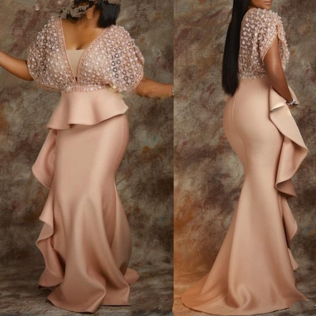 Gbolsos Champagne Abiye Long Mermaid African Evening Dress with Sleeves Peplum Ruffles Plus Size Women Formal Prom Dresses Elegant
