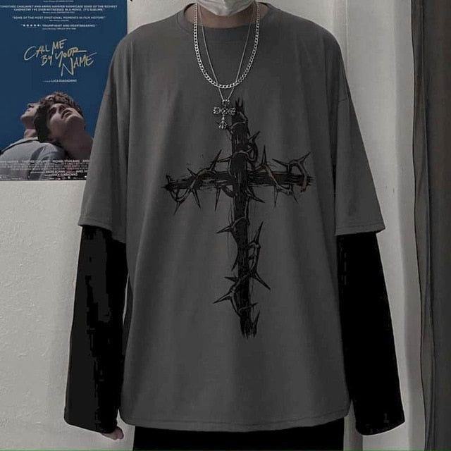 T-shirt Cross of Thorns fake two-piece for men women long-sleeved dark hip-hop loose large size autumn new trend top Simplicity