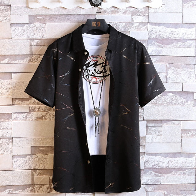 GbolsosFashion Design White Black Short Sleeve Casual Shirt Men's Print Beach Blouse 2021 Summer Clothing Plus Asian Size 5XL 6XL 7XL
