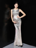 XUCTHHC O-neck Sleeveless Shinning Sequins Elegant Mermaid Evening Dress Women Formal Floor Length Party Prom Gowns Stretch Robe