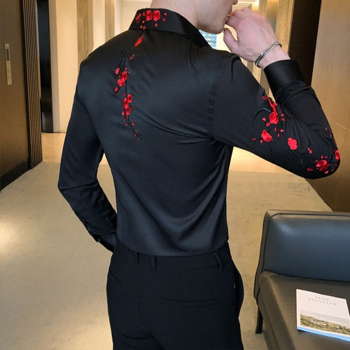 Embroidery Floral Men's Shirt Long Sleeve Business Formal Dress Casual Shirts Streetwear Social Party Bar Male Clothing Camisa