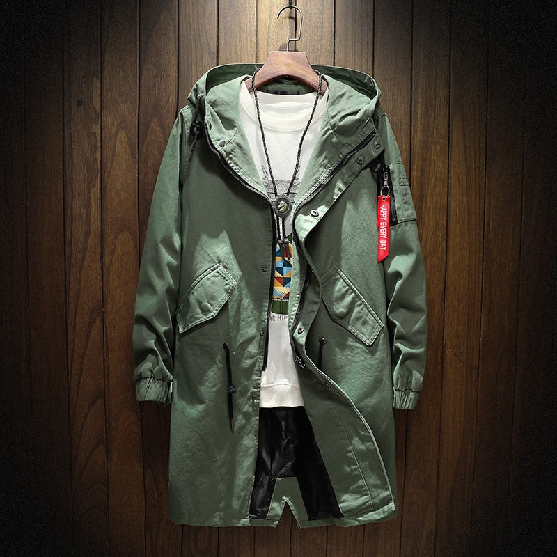Long Trench Coat Jacket Men Cotton Autumn Spring Black Hip Hop Japanese Coats Streetwear Men's Hooded Army Green Casual Jackets