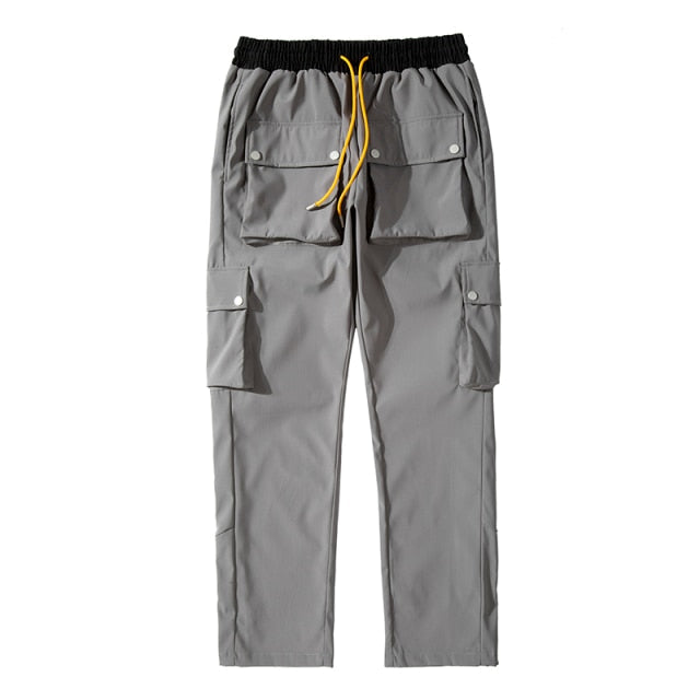 Gbolsos High Street Multi-pocket Casual Trousers for Men and Women Side Breasted Drawstring Cargo Pants Harajuku Solid Loose Pants
