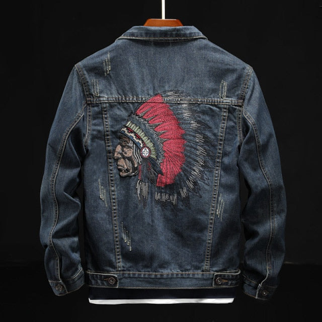 GbolsosProwow 2021 Fashion Streetwear Men Jacket Retro Blue Indian Chief Embroidery Denim Jackets Men Size M-6XL Hip Hop Punk Coats