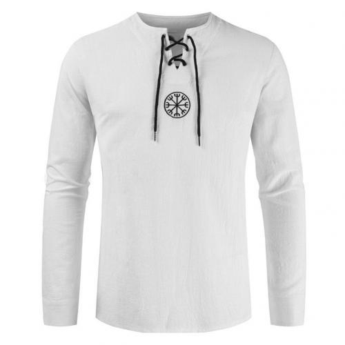 GbolsosMen Plus Size Shirt Top Ancient Viking Embroidery Lace Up V Neck Long Sleeve Shirt Top For 2021 New Year Men's Clothing
