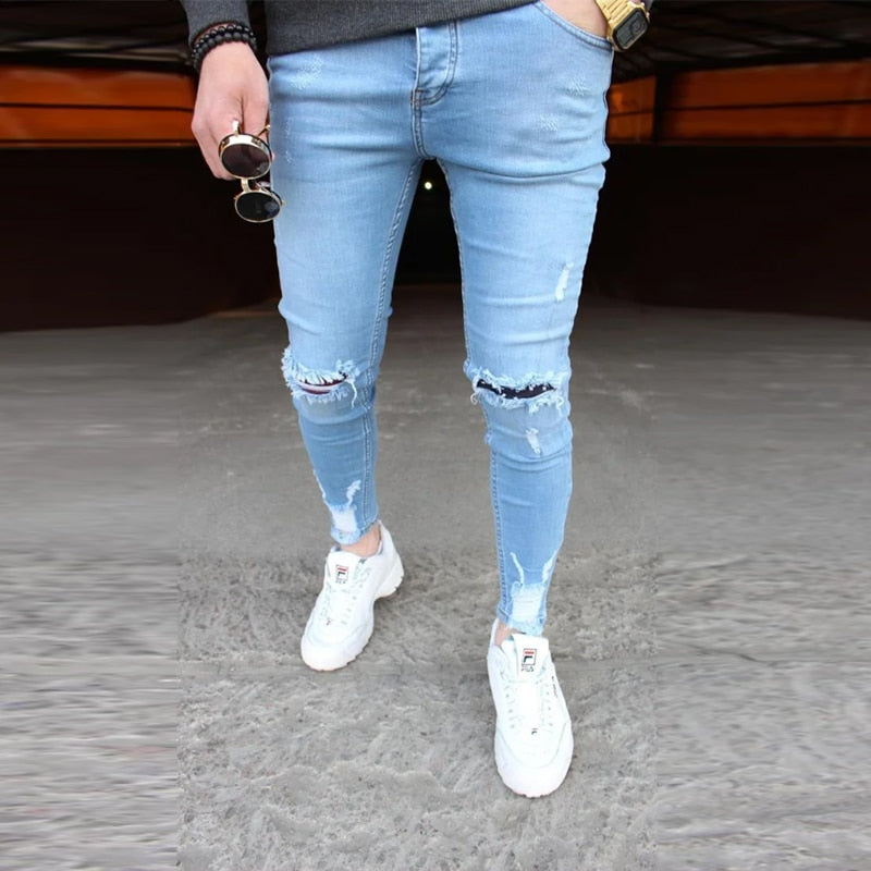 GbolsosMens Solid Color Jeans 2021 New Fashion Slim Pencil Pants Sexy Casual Hole Ripped Design Streetwear