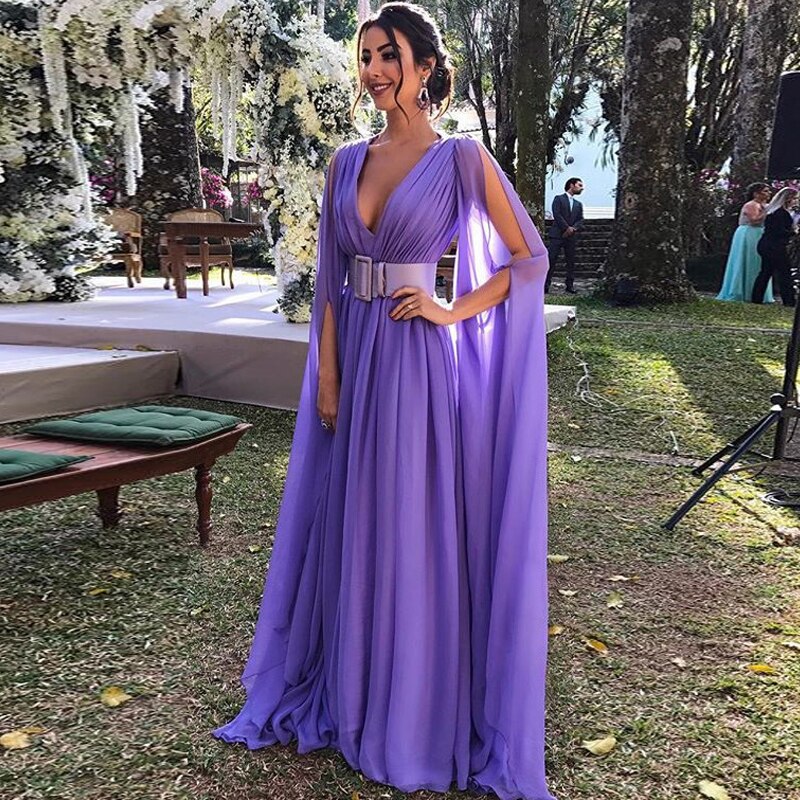 Elegant Chiffon Purple Formal Evening Dress Long Sleeves Floor Length Party Gown Deep V Neck Wide Sash Robe de Soiree