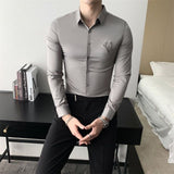 GbolsosSolid Simple Mens Casual Shirt Slim Fit Business Formal Wear Deer Head Embroidery Shirt Men Brand New 2021 Long Sleeve Men Shirt