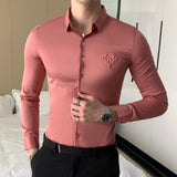 GbolsosSolid Simple Mens Casual Shirt Slim Fit Business Formal Wear Deer Head Embroidery Shirt Men Brand New 2021 Long Sleeve Men Shirt