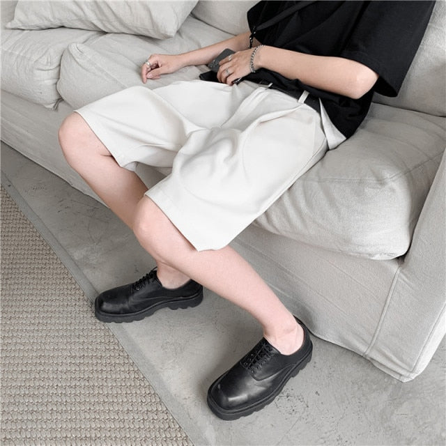 Korean Men's Shorts Straight Fit Knee-Length Suit Pant Solid Beige Black Summer Clothing Student Thin Loose Casual Mens Shorts