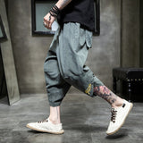 Summer harajuku harem pants men calf-length wide leg trousers streetwear casual sweatpants vintage cotton men's pants