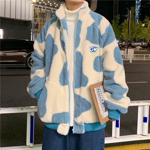 GbolsosMilk Cow Pattern Fleece Jacket for Men 2021 Winter Fashion Trend Warm Clothes Teenager Loose Fit Padded Coat Harajuku Streetwear