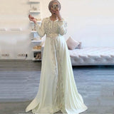 Lace Beaded White Ivory Moroccan Caftan Dress Long Sleeve Islamic Dubai Saudi Arabic Formal Evening Dress Abaya Prom Dress