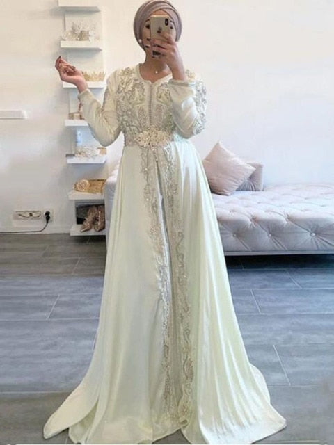 Lace Beaded White Ivory Moroccan Caftan Dress Long Sleeve Islamic Dubai Saudi Arabic Formal Evening Dress Abaya Prom Dress