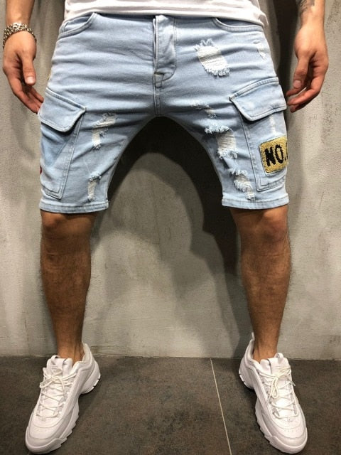 Summer New Men's Stretch Short Jeans Fashion Casual Slim Fit High Quality Elastic Badge Broken Hole Denim Shorts Male