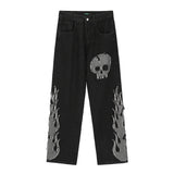 Gbolsos High Street Fashion Skull Embroidery Splicing Straight Tube Wide Leg Pants Men's Hip Hop Loose Black Jeans Hip Hop Trousers