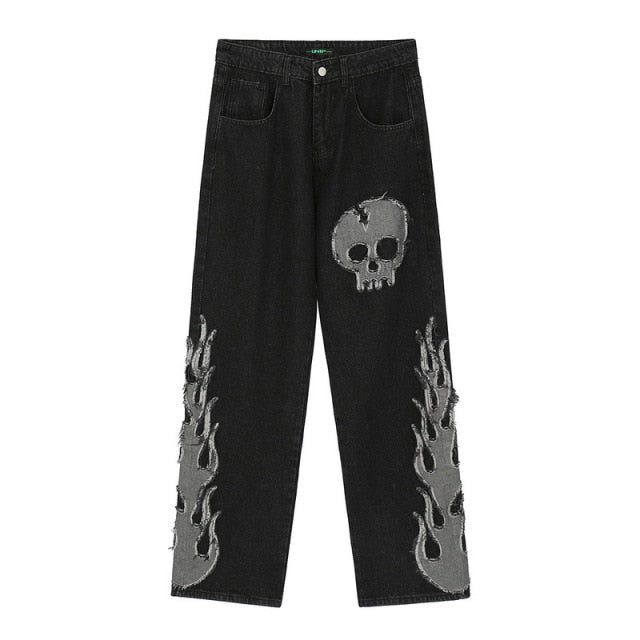 Gbolsos High Street Fashion Skull Embroidery Splicing Straight Tube Wide Leg Pants Men's Hip Hop Loose Black Jeans Hip Hop Trousers