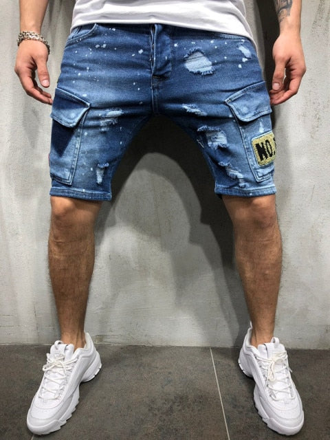 3 Styles Ripped Summer Men's Embroidered Pocket Denim Shorts Hip-Hop Jogging 5 Cent Shorts Paint Straight Slim White Dot Jeans