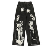 Gbolsos Hip Hop Jeans Pant Men Patchwork Rock Band Print Wide Leg Streetwear Loose Straight Denim Patch Harajuku Trousers Couple skeleto