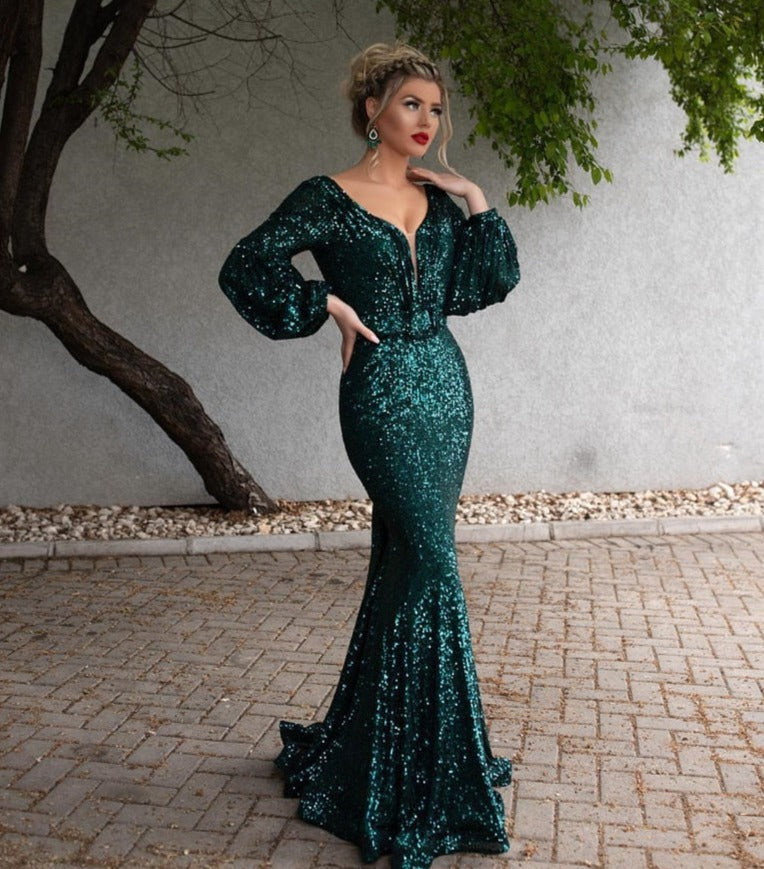 Green Muslim Evening Dresses Long V-Neck Full Sleeves Sexy Backless Formal Mermaid Evening Gowns Vestido De Festa Longo