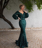 Green Muslim Evening Dresses Long V-Neck Full Sleeves Sexy Backless Formal Mermaid Evening Gowns Vestido De Festa Longo