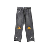 High Street Five Stars Embroidery Retro Casual Jeans Mens Harajuku Straight Washed Oversize Loose Denim Trousers
