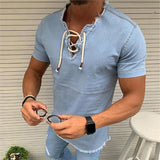 Printed Washed Men's Denim Shirts V Neck Hollow Out Lace Up Casual Short Sleeve Vintage Autumn Fashion Sexy Men Tops