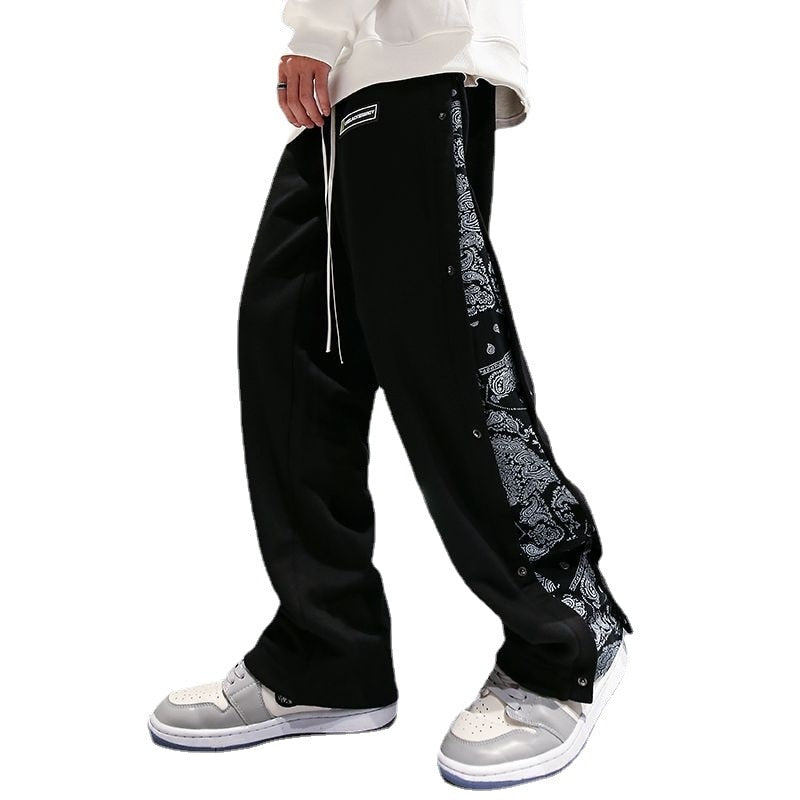 Breasted Pants Men's Spring and Autumn Tide Brand Hip-hop Cashew Flower Stitching Straight Loose Wide-leg Drape Mens Sweatpants