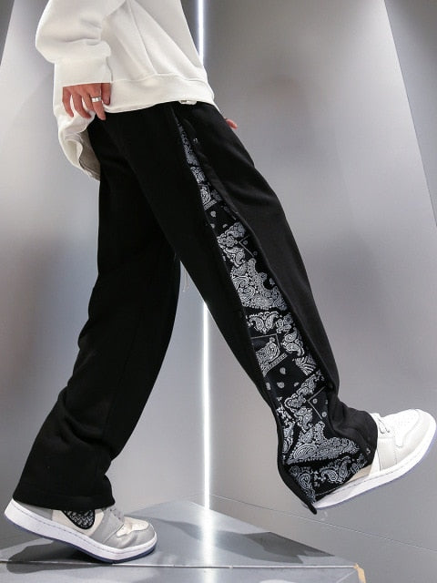 Breasted Pants Men's Spring and Autumn Tide Brand Hip-hop Cashew Flower Stitching Straight Loose Wide-leg Drape Mens Sweatpants