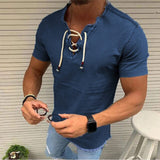 Printed Washed Men's Denim Shirts V Neck Hollow Out Lace Up Casual Short Sleeve Vintage Autumn Fashion Sexy Men Tops