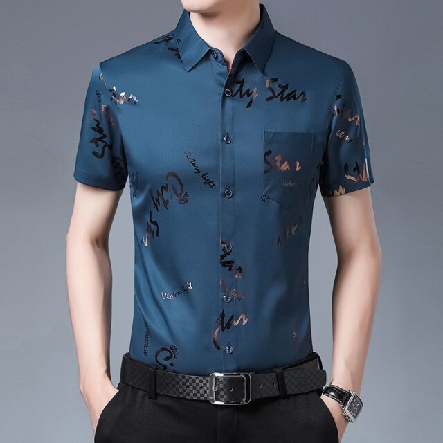 New Men Shirt High Quality Silk Print Summer Short sleeve Casual Shirts Men Slim Fit Camisa Masculina  C749