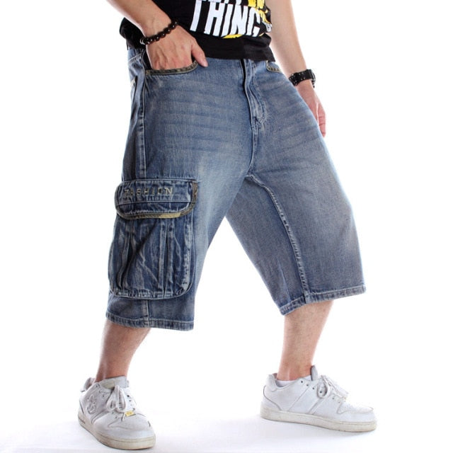 Summer Baggy Short Jeans For Man Light Blue Denim Shorts Fashion Hip-Hop Wide Leg Loose Male Trousers Plus Size 30-46