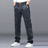 Men's High Waist Jeans Straight Large Size Dinem Trouser Male Black Jeans Side Multi Pocket Blue Loose Elastic Band Cargo Pants