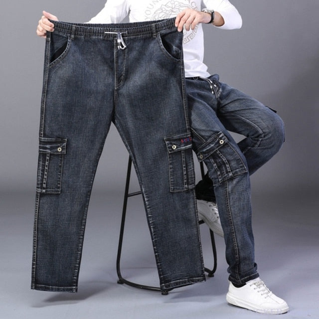 Men's High Waist Jeans Straight Large Size Dinem Trouser Male Black Jeans Side Multi Pocket Blue Loose Elastic Band Cargo Pants